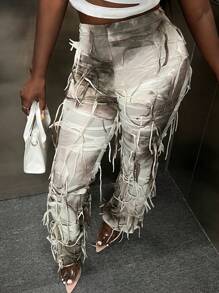 Slaydiva Tie Dye Fringe Trim Pants - Khaki - View 5