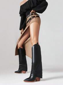 女性西部牛仔靴子復古尖頭及膝美式短靴帶高跟鞋 - 黑色 - 查看 5