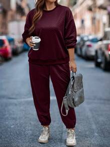 SHEIN LUNE Plus Drop Shoulder Sweatshirt & Sweatpants - Burgundy - View 4