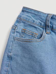 SHEIN Girlism 少女口袋细节喇叭腿牛仔裤，春秋季休闲日常穿着 - 中等水洗藍 - 查看 3