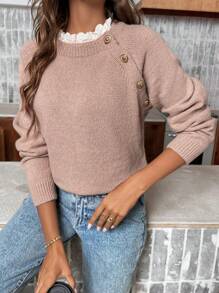 SHEIN Frenchy Guipure Lace Trim Raglan Sleeve Sweater - Dusty Pink - View 4