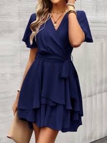 SHEIN Clasi Butterfly Sleeve Layer Hem Belted Dress - Navy Blue - View 8