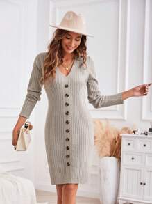 GENKIRA Button Front Ribbed Knit Sweater Dress Fall Cloth For Women - Khaki - View 4