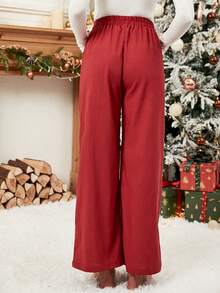 EMERY ROSE 高腰雙口袋闊腿褲 - 酒紅色 - 查看 2