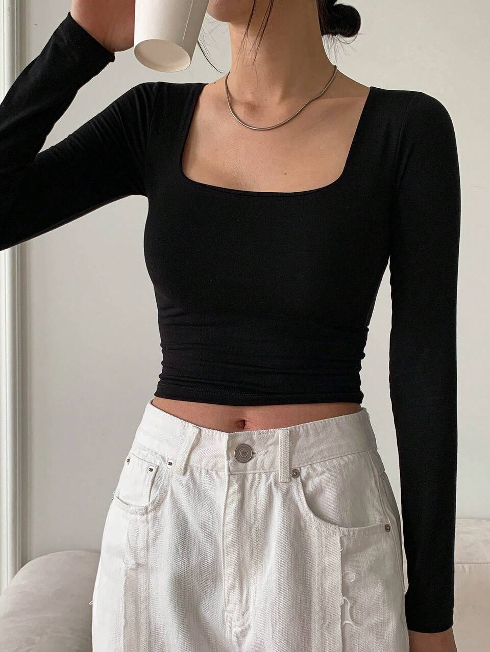 Square Neck Crop Tee Long Sleeve Women Tops