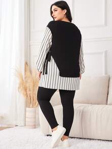 Mulvari 大碼條紋印花落肩袖下擺開叉T恤和緊身褲 - 黑與白 - 查看 2