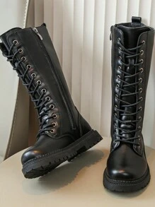 雙兒童冬季靴子適合女孩和男孩，2023 年新款公主風格小女孩高幫及膝靴 - 黑色 - 查看 7