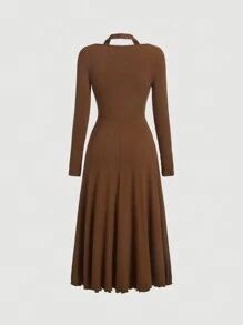 SHEIN MOD 挂脖长袖休闲褶饰连衣裙 - 棕色 - 查看 2