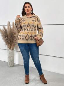 EMERY ROSE Talla grande Jersey con patrón geométrico con cremallera media de hombros caídos - Multicolor - Ver 4