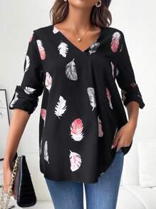 SHEIN Maternity Feather Print V Neck Blouse - Black - View 6