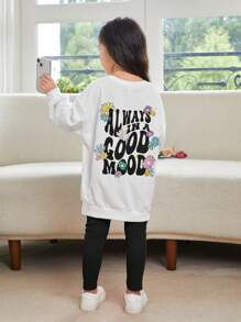 SHEIN Young Girl Slogan Graphic Drop Shoulder Sweatshirt & Leggings - Black - View 1