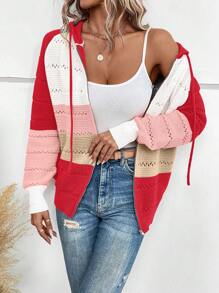 SHEIN LUNE Color Block Raglan Sleeve Drawstring Hooded Pointelle Knit Zipper Cardigan - Multicolor - View 6