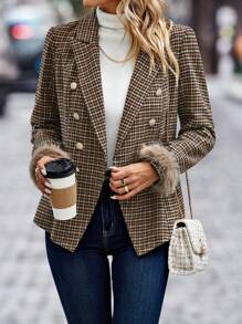 SHEIN Clasi 千鳥格印花毛茸茸袖口雙排釦西裝外套
