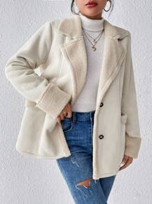 SHEIN Frenchy Cổ áo Lót Teddy áo - Màu be - Xem 6