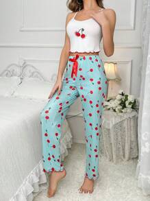 Cherry Print Cami White Top & Bow Front Pants PJ Set / Pajama Set Bow Tie - White - View 4