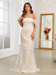 SHEIN Belle Off Shoulder Floor Length Wedding Dress - White - View 1