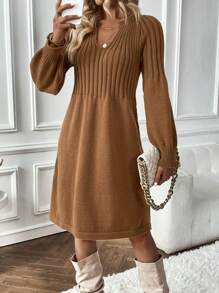 SHEIN LUNE Đồ đan Ribbed Tay áo lồng đèn Đầm Áo len - màu nâu - Xem 1