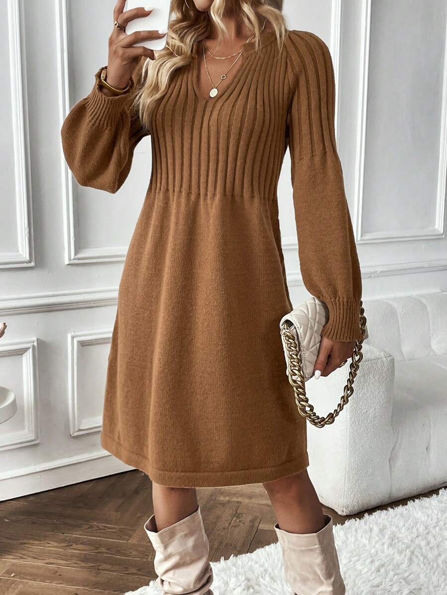 SHEIN LUNE Đồ đan Ribbed Tay áo lồng đèn Đầm Áo len - màu nâu - Xem 1