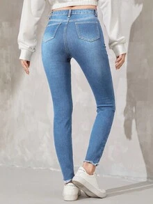 SHEIN Teen Girl Ripped Raw Hem Jeans - Medium Wash - View 2