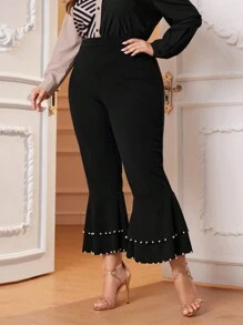 Modelyn Plus Pearls Beaded Detail Flare Leg Pants - Black - View 1
