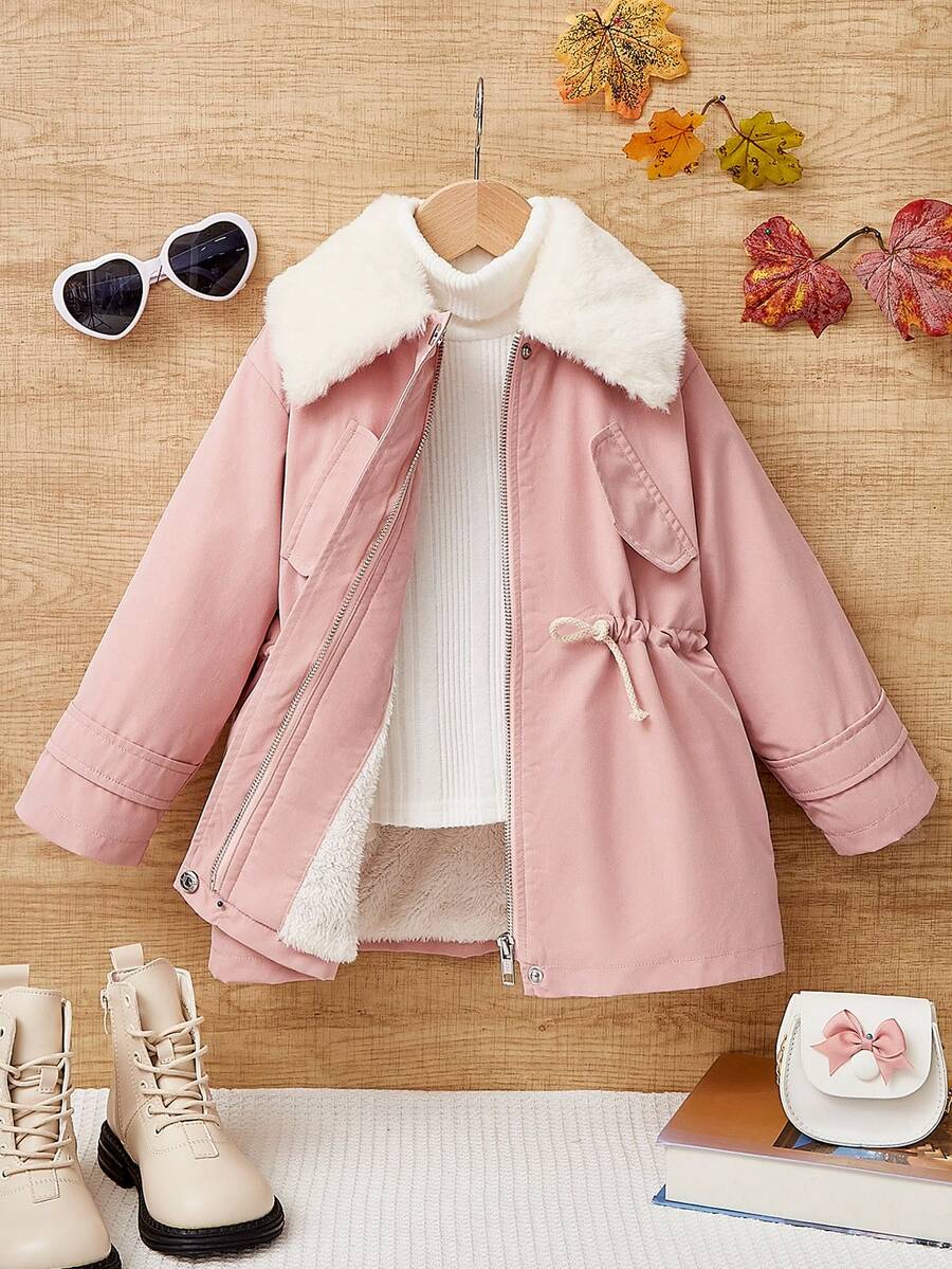 SHEIN 女小童羊絨領口腰部抽繩翻蓋細節外套 - 粉色 - 查看 1