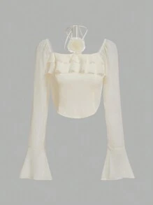 SHEIN MOD 荷葉邊荷葉袖襯衫 - 米色 - 查看 1