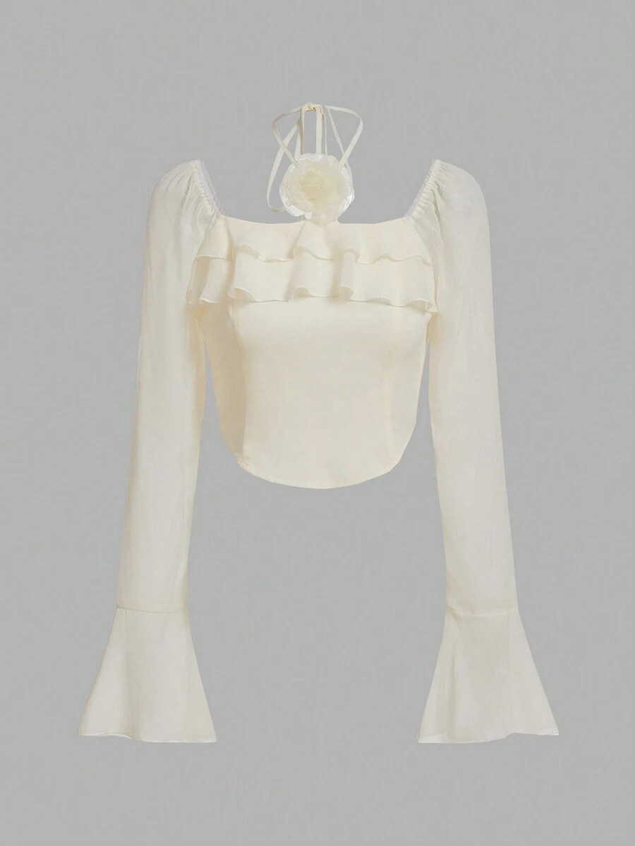 SHEIN MOD 荷葉邊荷葉袖襯衫 - 米色 - 查看 1