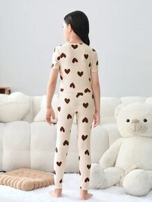 SHEIN 青少女心形印花短袖褲子緊身睡衣套裝 - 粉色 - 查看 2