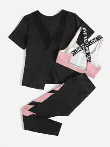 Easithlete Letter Graphic Sports Bra & Tee & Leggings Workout Women Set Women Workout Set Women Leggings Set - Multicolor - View 2