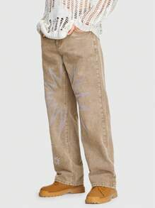 ROMWE MEN Grunge Punk 男士圖形印花直筒牛仔褲 - 棕色 - 查看 5