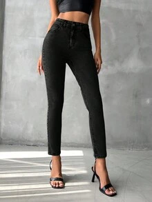 SHEIN PETITE Zipper Fly Skinny Jeans Without Belt - Black - View 4