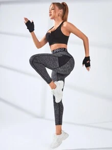 SHEIN Sports 字母圖案寬腰帶網紗拼接拼接手機口袋頂針運動打底褲帶手機袋 - 深灰色 - 查看 4