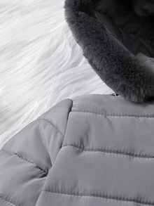 男童拉链毛绒装饰连帽棉服外套 - 灰色 - 查看 4