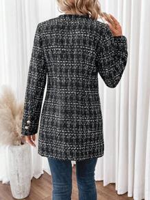 SHEIN Frenchy Plaid Pattern Button Detail Open Front Tweed Overcoat - Black and White - View 2