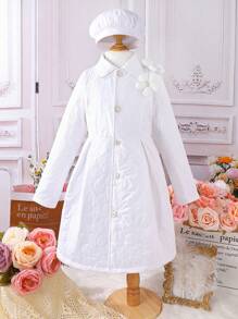 SHEIN Tween Girl Solid Button Up Coat With Hat - White - View 1