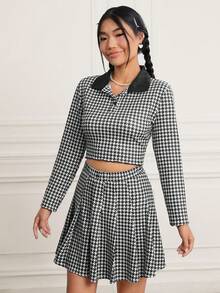 SHEIN MOD 千鳥格紋 Polo 領短版 T 恤和百褶裙 - 黑與白 - 查看 3