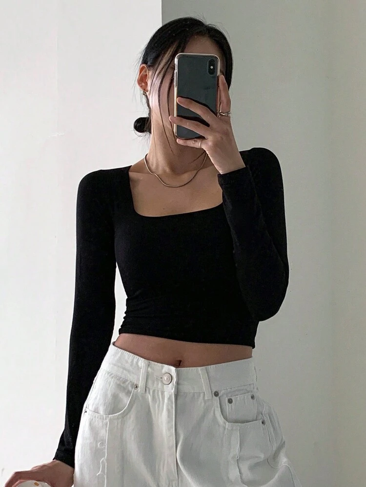 Square Neck Crop Tee Long Sleeve Women Tops