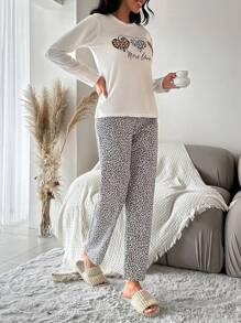 EURMUSE Leopard & Letter Graphic White Top & Pants PJ Set - White - View 5