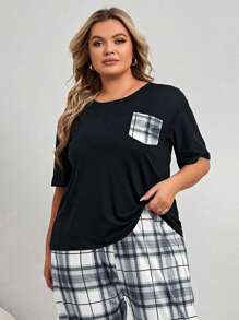 Camiseta de pijama holgada con bolsillo estampado a cuadros para talla grande