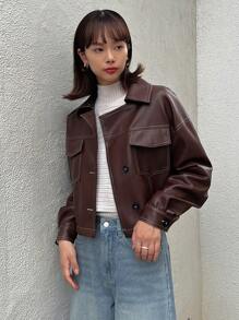 FRIFUL Flap Pocket Drop Shoulder PU Jacket,Fall Women Clothes - Coffee Brown - View 7