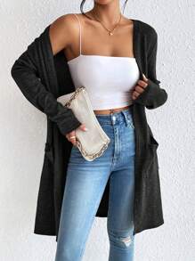 SHEIN Essnce 双口袋前开襟大衣（无吊带背心），女士冬季休闲口袋常规袖宽松黑色纯色女士大衣，休闲日常穿着 - 黑色 - 查看 4