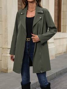 SHEIN Essnce Zip Up Belted Trench Coat - Army Green - View 3
