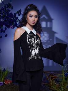 Corpse Bride | ROMWE Hình & Chữ Đồ họa Áo thun tay áo có vai lạnh - màu đen - Xem 5