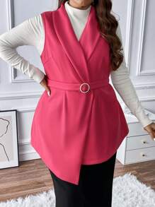Flirla Plus Shawl Collar Belted Vest Overcoat - Hot Pink - View 1