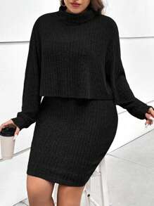 SHEIN Essnce Plus Turtleneck Drop Shoulder Tee & Slip Dress, For Winter - Black - View 1