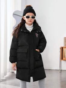 SHEIN Áo khoác đệm có túi vá chữ Tween Girl 1 mảnh - màu đen - Xem 6