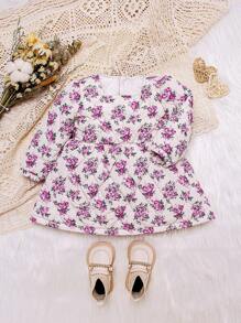 Baby Girl Floral Print Square Neck Lantern Sleeve Dress - Apricot - View 1