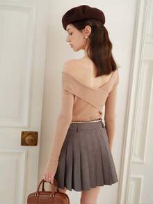 素色條紋針織套頭毛衣 - 卡其色 - 查看 2