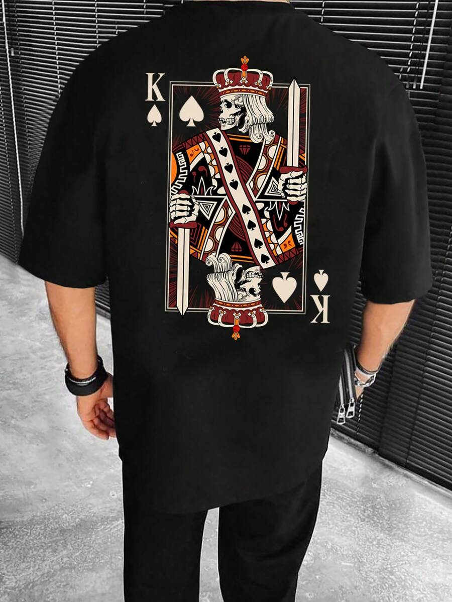 Manfinity RebelGame 男士撲克牌圖案落肩T恤 - 黑色 - 查看 1