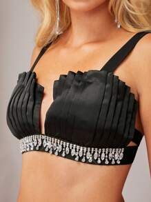 Hauture Rhinestone Trim Pleated Crop Top - Black - View 5
